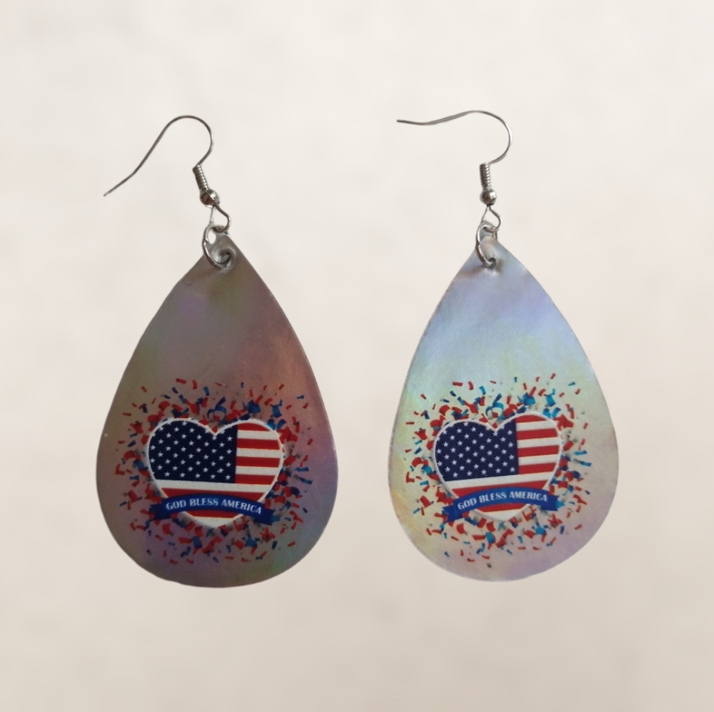 New!  Holographic Patriotic American flag "God Bless America" Leather Earrings